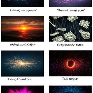 May include: A collage of eight images with various themes. The images include abstract digital art, a sunset, falling money, an explosion of light, a fiery circle, and stylized eyes. Text overlays read "WORKS FOR ANY NICHE".