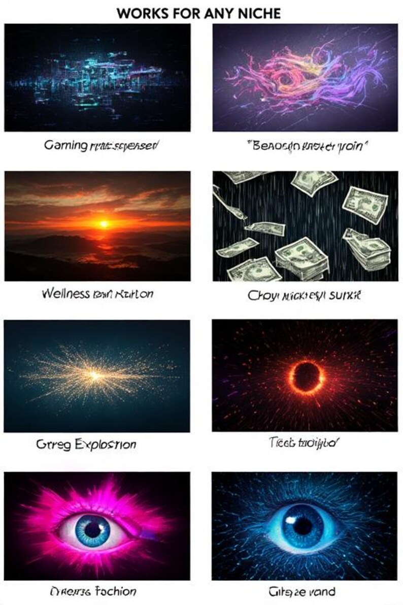May include: A collage of eight images with various themes. The images include abstract digital art, a sunset, falling money, an explosion of light, a fiery circle, and stylized eyes. Text overlays read "WORKS FOR ANY NICHE".