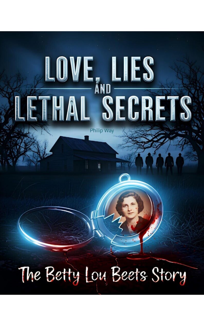 K&ouml;nnte beinhalten: Buchcover f&uuml;r "Love, Lies and Lethal Secrets" von Philip Way. Das Bild zeigt ein Haus, Silhouetten von Personen und ein Medaillon mit dem Portr&auml;t einer Frau. Titel und Untertitel sind in wei&szlig;em Text auf dunklem blauem Hintergrund.