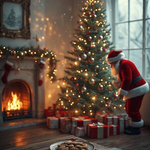 May include: A festive Christmas scene with a decorated tree, ornaments, and a star topper. A plate of cookies and a glass of milk sit on a wooden table. A person dressed as Santa Claus is near the tree. Presents are under the tree and a fireplace is in the background.