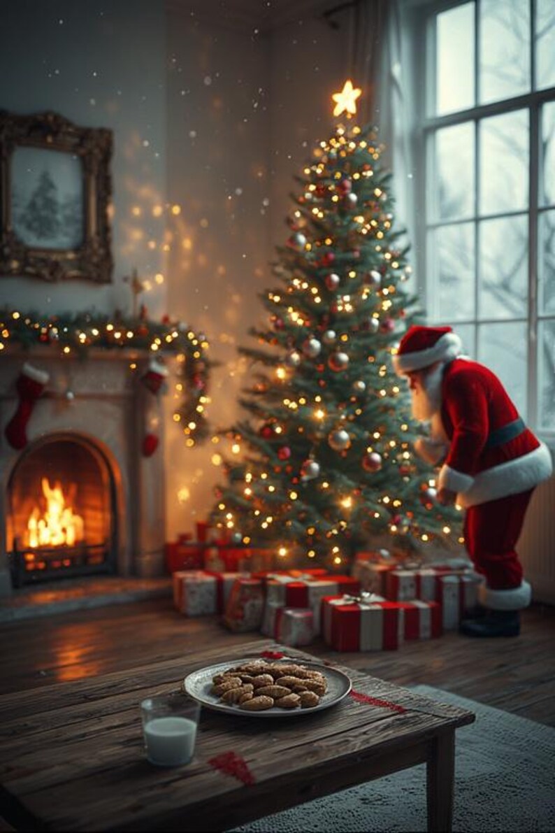 May include: A festive Christmas scene with a decorated tree, ornaments, and a star topper. A plate of cookies and a glass of milk sit on a wooden table. A person dressed as Santa Claus is near the tree. Presents are under the tree and a fireplace is in the background.