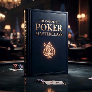 May include: A dark blue hardcover book titled The Complete Poker Masterclass in gold lettering, featuring a glowing geometric spade symbol on the front cover. The book stands upright on a dark surface with scattered poker chips and playing cards.