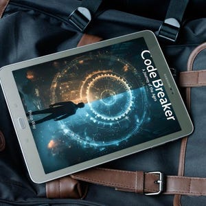 May include: A silver tablet displaying the cover of "Code Breaker: A Journey of the Ages" by Philip Way. The image on the tablet shows a silhouetted figure against a futuristic, glowing background. The tablet rests on a black and brown bag.