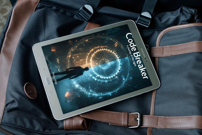 May include: A silver tablet displaying the cover of "Code Breaker: A Journey of the Ages" by Philip Way. The image on the tablet shows a silhouetted figure against a futuristic, glowing background. The tablet rests on a black and brown bag.
