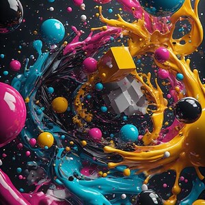 Pu&ograve; includere: Arte digitale astratta con vivaci spruzzi di vernice turchese, rosa e gialla, insieme a sfere fluttuanti nei colori corrispondenti. Sono presenti anche un cubo giallo e una forma geometrica, il tutto su uno sfondo scuro.