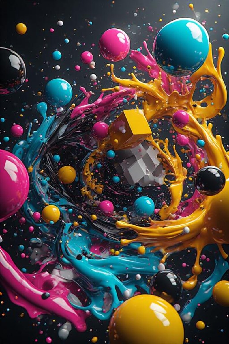 Pu&ograve; includere: Arte digitale astratta con vivaci spruzzi di vernice turchese, rosa e gialla, insieme a sfere fluttuanti nei colori corrispondenti. Sono presenti anche un cubo giallo e una forma geometrica, il tutto su uno sfondo scuro.