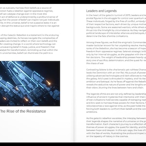 May include: A book page with text and an image of futuristic spacecraft. The text includes the title "Leaders and Legends" and "Chapter 5: The Rise of the Resistance". The image is a digital illustration.