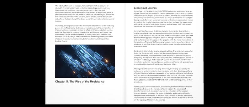 May include: A book page with text and an image of futuristic spacecraft. The text includes the title "Leaders and Legends" and "Chapter 5: The Rise of the Resistance". The image is a digital illustration.