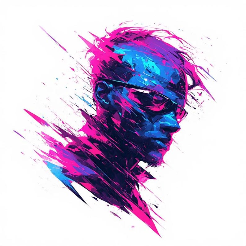 May include: Abstract digital art portrait of a person wearing glasses, rendered in shades of blue, pink, and purple. The image features a dynamic, fragmented style with sharp, angular brushstrokes against a white background.