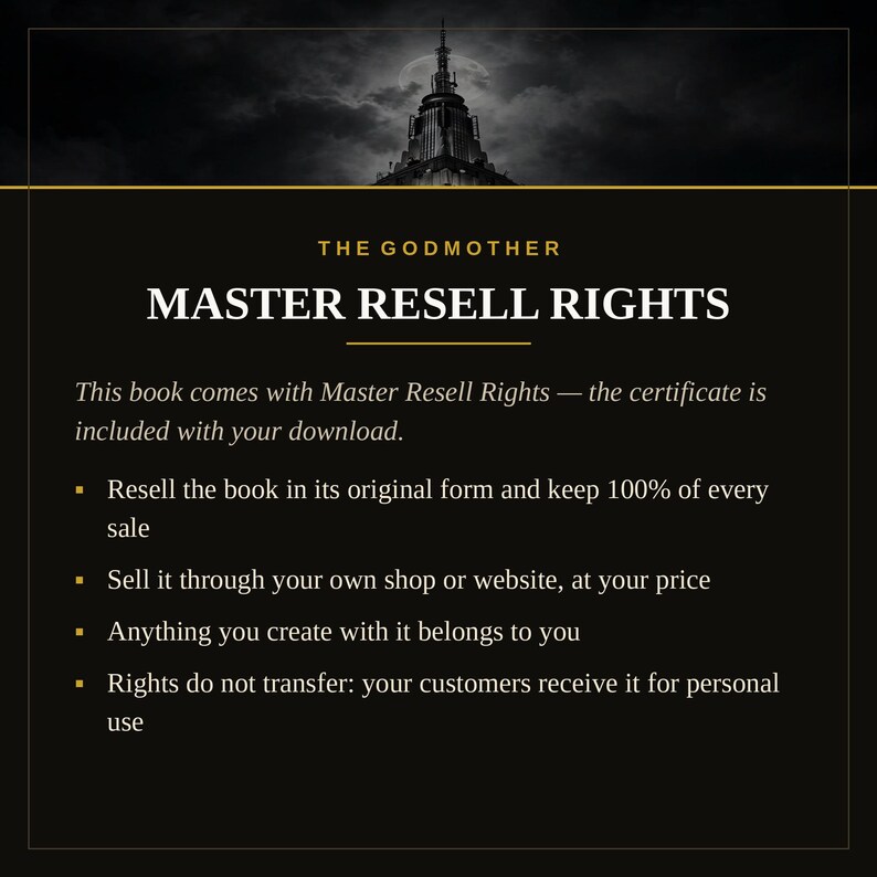 K&ouml;nnte beinhalten: Eine schwarze digitale Grafik mit dem Text THE GODMOTHER MASTER RESELL RIGHTS. Sie beschreibt Bedingungen f&uuml;r den Wiederverkauf eines Buches, einschlie&szlig;lich des Behaltens von 100% der Verk&auml;ufe, privater Verkaufswege und Nutzungsbeschr&auml;nkungen.