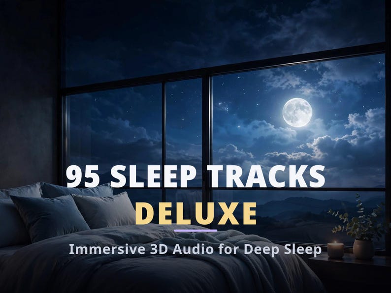 May include: A digital product display featuring the text 95 SLEEP TRACKS DELUXE and Immersive 3D Audio for Deep Sleep over a bedroom scene with a large window showing a full moon, dark blue night sky, clouds, and a bed with pillows.