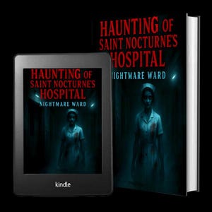 K&ouml;nnte beinhalten: Ein Kindle-E-Reader und ein Hardcover-Buch mit dem Titel "Haunting of Saint Nocturne's Hospital: Nightmare Ward". Das Buch und der E-Reader zeigen ein unheimliches Bild einer Krankenschwester in einem Krankenhaus, mit einem dunklen, unheimlichen Farbschema.