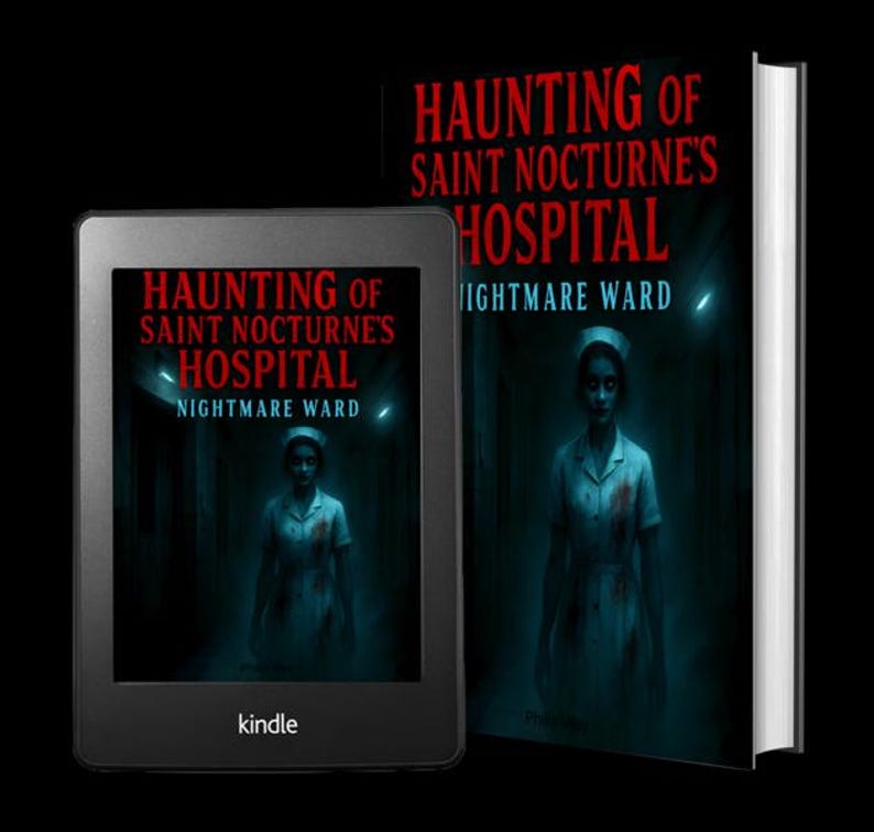 K&ouml;nnte beinhalten: Ein Kindle-E-Reader und ein Hardcover-Buch mit dem Titel "Haunting of Saint Nocturne's Hospital: Nightmare Ward". Das Buch und der E-Reader zeigen ein unheimliches Bild einer Krankenschwester in einem Krankenhaus, mit einem dunklen, unheimlichen Farbschema.