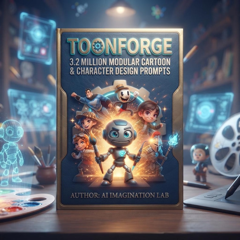 Peut inclure: Un livre bleu intitul&eacute; TOONFORGE 3.2 MILLION MODULAR CARTOON & CHARACTER DESIGN PROMPTS par AUTHOR: AI IMAGINATION LAB. La couverture pr&eacute;sente un robot central entour&eacute; de divers personnages de dessins anim&eacute;s et un &eacute;l&eacute;ment en forme d'engrenage.