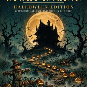 May include: A book titled THE HAUNTED STORY ENGINE HALLOWEEN EDITION 64 MILLION HALLOWEEN STORIES IN ONE BOOK. The cover features a dark, spooky scene with a scarecrow, glowing jack-o'-lanterns, a path, and a house under a full moon.