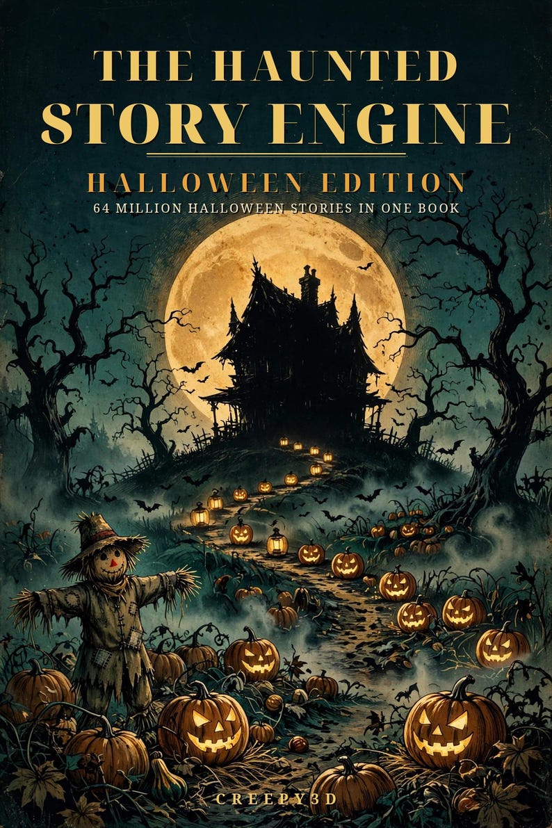 May include: A book titled THE HAUNTED STORY ENGINE HALLOWEEN EDITION 64 MILLION HALLOWEEN STORIES IN ONE BOOK. The cover features a dark, spooky scene with a scarecrow, glowing jack-o'-lanterns, a path, and a house under a full moon.