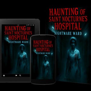 K&ouml;nnte beinhalten: Ein Buch, ein Tablet und ein Smartphone zeigen das Cover von "Haunting of Saint Nocturne's Hospital: Nightmare Ward". Das Cover zeigt eine geisterhafte Krankenschwester in einem blau get&ouml;nten Krankenhaus. Der Titel ist rot.