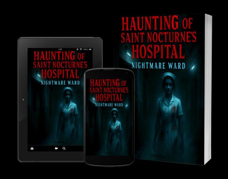 K&ouml;nnte beinhalten: Ein Buch, ein Tablet und ein Smartphone zeigen das Cover von "Haunting of Saint Nocturne's Hospital: Nightmare Ward". Das Cover zeigt eine geisterhafte Krankenschwester in einem blau get&ouml;nten Krankenhaus. Der Titel ist rot.