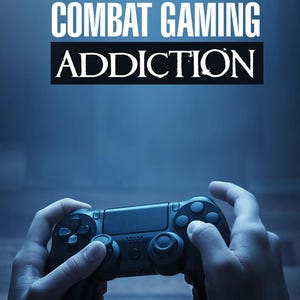 Puede incluir: Unas manos sujetan un mando de videojuegos negro. El texto "COMBAT GAMING ADDICTION" se muestra encima del mando.