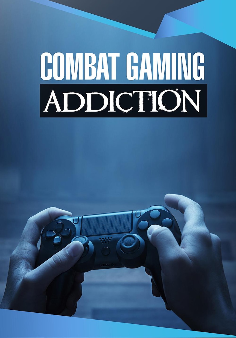 May include: A person's hands holding a black video game controller. The text "COMBAT GAMING ADDICTION" is displayed above the controller.