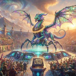 May include: A large, iridescent, multi-legged dragon with expansive, stained-glass-like wings stands in a crowded arena. A pedestal in the foreground holds a book with the text 'CREATIVE COMBINATIONS 32 MILLION CREATURES' printed on its cover.