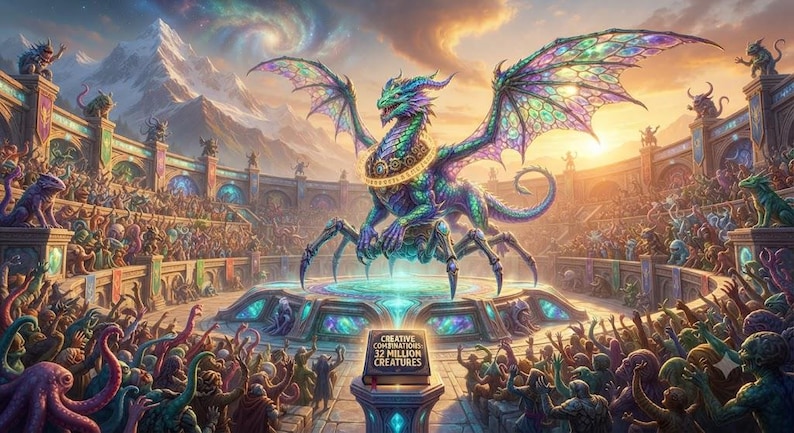 May include: A large, iridescent, multi-legged dragon with expansive, stained-glass-like wings stands in a crowded arena. A pedestal in the foreground holds a book with the text 'CREATIVE COMBINATIONS 32 MILLION CREATURES' printed on its cover.