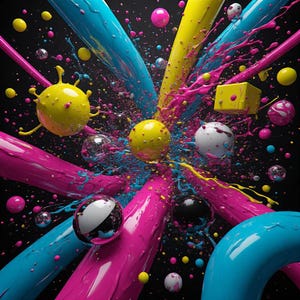 Pu&ograve; includere: Opera d'arte digitale astratta con sfondo nero, con vivaci spruzzi di vernice blu, gialla e rosa. Sfere, cubi e spruzzi di colore creano una composizione dinamica ed energica. Varie dimensioni di sfere e cubi sono sparse nell'immagine.