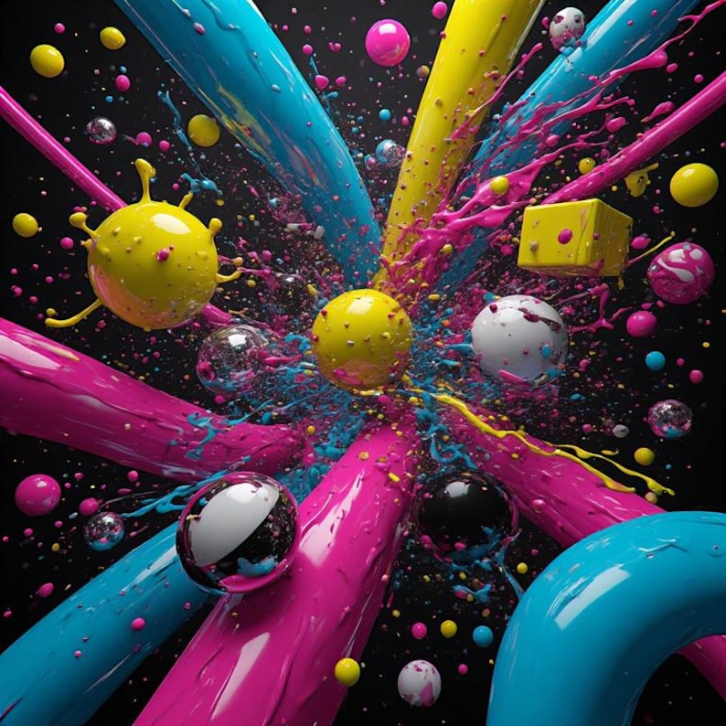 Pu&ograve; includere: Opera d'arte digitale astratta con sfondo nero, con vivaci spruzzi di vernice blu, gialla e rosa. Sfere, cubi e spruzzi di colore creano una composizione dinamica ed energica. Varie dimensioni di sfere e cubi sono sparse nell'immagine.