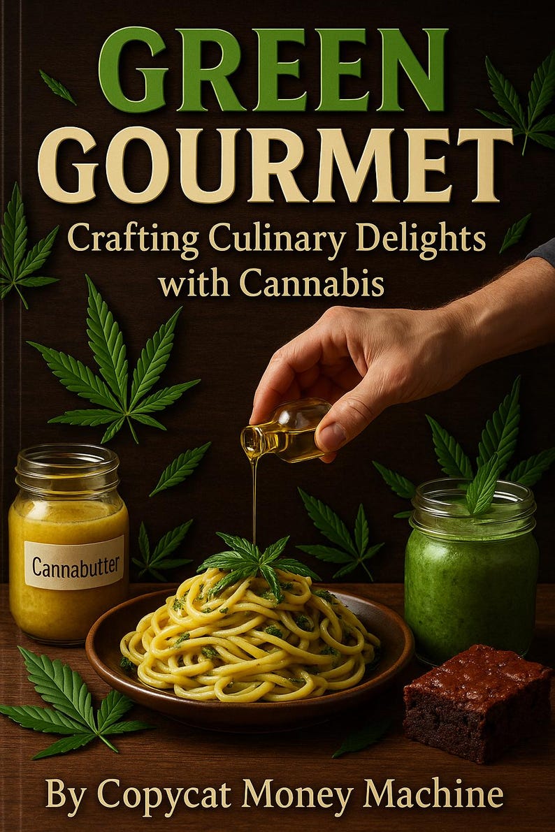 May include: The cover of a cookbook titled "Green Gourmet" with the subtitle "Crafting Culinary Delights with Cannabis." The image features pasta, a brownie, and jars of cannabutter and green smoothie. A hand pours oil over the pasta.