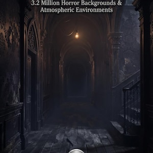 May include: A digital graphic featuring the text THE ABYSS ARCHITECTS, 3.2 Million Horror Backgrounds & Atmospheric Environments, and AUTHORED BY CREEPY 3D. The image depicts a dark, narrow hallway with wooden floors, arched doorways, and a single light bulb.