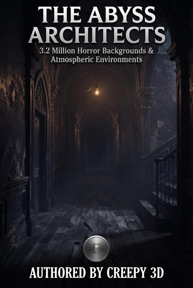 May include: A digital graphic featuring the text THE ABYSS ARCHITECTS, 3.2 Million Horror Backgrounds & Atmospheric Environments, and AUTHORED BY CREEPY 3D. The image depicts a dark, narrow hallway with wooden floors, arched doorways, and a single light bulb.