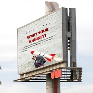 May include: A large billboard with the text "START YOUR JOURNEY!" in red. The billboard features an illustration of a man carrying a rocket. The text below reads "Affiliate Marketing Unlocked: Proven Steps to Success - With a Bonus Guide to Free Google Rankings."