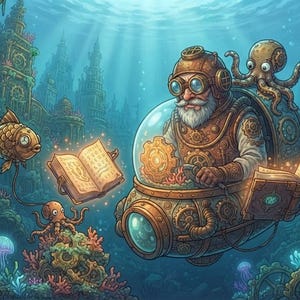 Peut inclure: Un personnage barbu en costume de plong&eacute;e steampunk couleur laiton pilote un sous-marin m&eacute;canique. La sc&egrave;ne montre un livre ouvert lumineux, un poisson m&eacute;canique, une pieuvre et des m&eacute;duses parmi des ruines sous-marines et des engrenages.