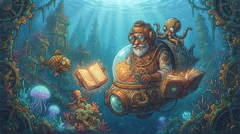 Peut inclure: Un personnage barbu en costume de plong&eacute;e steampunk couleur laiton pilote un sous-marin m&eacute;canique. La sc&egrave;ne montre un livre ouvert lumineux, un poisson m&eacute;canique, une pieuvre et des m&eacute;duses parmi des ruines sous-marines et des engrenages.
