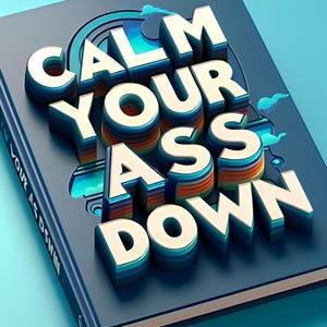 Pu&ograve; includere: Un libro con copertina rigida con le parole "CALM YOUR ASS DOWN" in grandi lettere bianche 3D. Il libro ha una copertina blu scuro con un design arcobaleno e il nome dell'autore, Philip Way, in basso.
