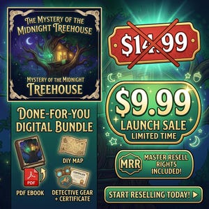 Puede incluir: Un paquete digital titulado The Mystery of the Midnight Treehouse con una ilustraci&oacute;n de casa del &aacute;rbol, un libro electr&oacute;nico PDF, un mapa DIY, equipo de detective y un certificado. El texto incluye Launch Sale, Master Resell Rights y Start Reselling Today.