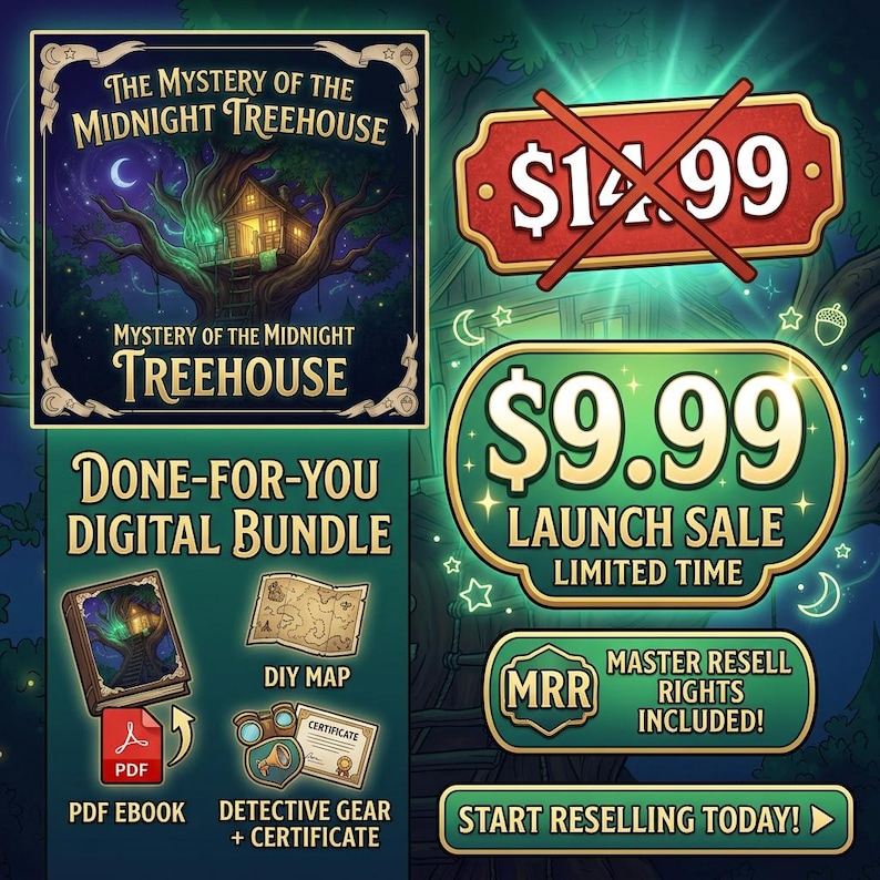 Puede incluir: Un paquete digital titulado The Mystery of the Midnight Treehouse con una ilustraci&oacute;n de casa del &aacute;rbol, un libro electr&oacute;nico PDF, un mapa DIY, equipo de detective y un certificado. El texto incluye Launch Sale, Master Resell Rights y Start Reselling Today.