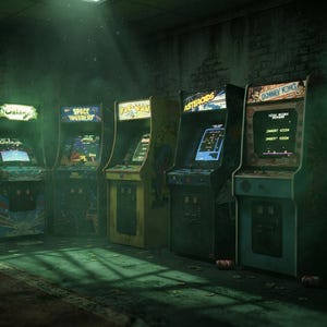 May include: A row of six vintage arcade game cabinets in a dimly lit room with green ambient lighting. The machines feature illuminated screens displaying titles like Galaga, Space Invaders, Pac-Man, Asteroids, Donkey Kong, and Centipede in a dark setting.