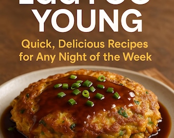 May include: A plate of Egg Foo Young, a Chinese-American dish, topped with a rich brown sauce and chopped green onions. The text "Easy Egg Foo Young" is displayed above the dish, with the tagline "Quick, Delicious Recipes for Any Night of the Week."