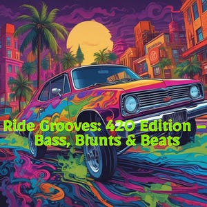 May include: A colorful illustration of a classic car with a vibrant paint job, set against a cityscape with palm trees and a large sun. The text "Ride Grooves: 420 Edition - Bass, Blunts & Beats" is displayed on the image.