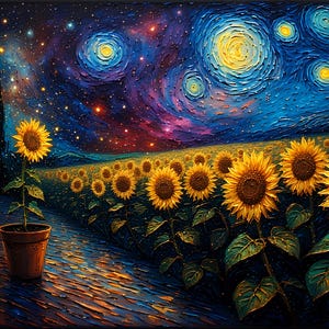 Op de afbeelding: Een levendig schilderij toont een veld met zonnebloemen onder een wervelende nachthemel. Een enkele zonnebloem in een pot staat op de voorgrond. Het kunstwerk heeft rijke blauwe, gele en oranje tinten, die een gevoel van verwondering oproepen.