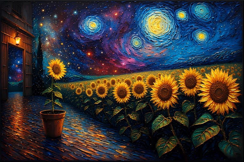 Op de afbeelding: Een levendig schilderij toont een veld met zonnebloemen onder een wervelende nachthemel. Een enkele zonnebloem in een pot staat op de voorgrond. Het kunstwerk heeft rijke blauwe, gele en oranje tinten, die een gevoel van verwondering oproepen.