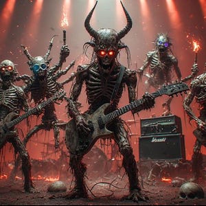 May include: A band of skeletal figures with glowing red eyes and horns plays electric guitars on a stage. The figures are surrounded by a red, fiery atmosphere, with skulls scattered on the ground. A Marshall amplifier is visible.