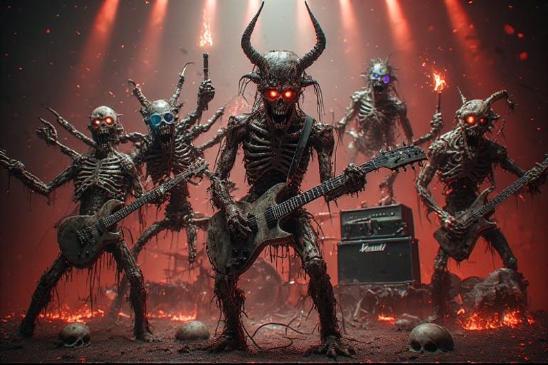 May include: A band of skeletal figures with glowing red eyes and horns plays electric guitars on a stage. The figures are surrounded by a red, fiery atmosphere, with skulls scattered on the ground. A Marshall amplifier is visible.