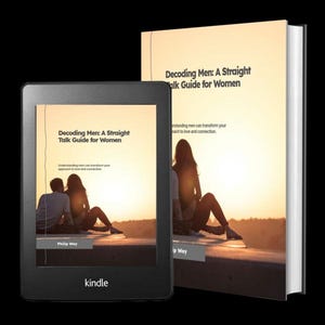 May include: A Kindle e-reader and a hardcover book titled "Decoding Men: A Straight Talk Guide for Women." The book cover and e-reader display a sunset image with two figures. The Kindle is black, and the book has a white spine.