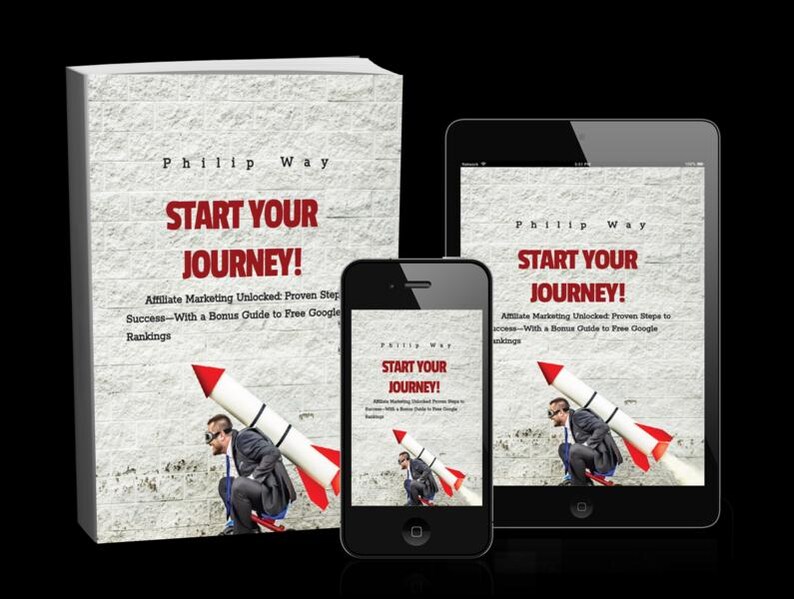 May include: A book, tablet, and smartphone display the title "START YOUR JOURNEY!" in red text. The book cover and digital devices feature a man carrying a rocket. The book's title is above the subtitle "Affiliate Marketing Unlocked".