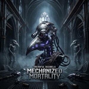 May include: A mechanical plague doctor bust with metallic plating, glowing purple internal wiring, and complex gears. The text DREADFUL DECIBELS MECHANIZED MORTALITY is centred below. Two smaller robotic figures stand in the background of a dark hall.