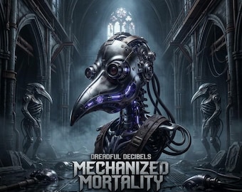 Può includere: Un busto meccanico da medico della peste con placcatura metallica, cablaggio interno viola luminoso e ingranaggi complessi. Il testo DREADFUL DECIBELS MECHANIZED MORTALITY è centrato sotto. Due figure robotiche più piccole sullo sfondo.