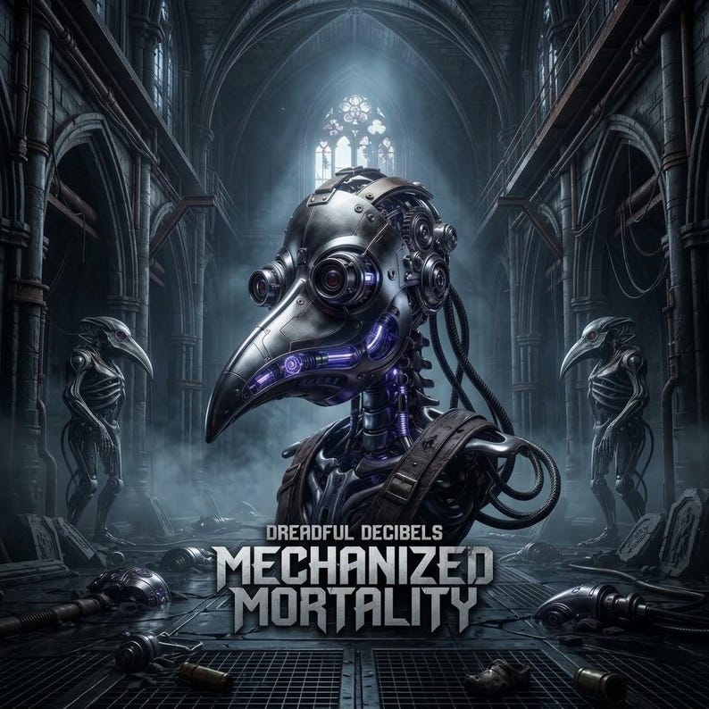 May include: A mechanical plague doctor bust with metallic plating, glowing purple internal wiring, and complex gears. The text DREADFUL DECIBELS MECHANIZED MORTALITY is centered below. Two smaller robotic figures stand in the background of a dark hall.