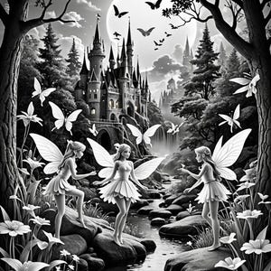 May include: Three fairies with wings fly through a black and white woodland scene. The fairies are wearing white dresses and have long hair. A large castle is in the background, and a full moon hangs in the sky.